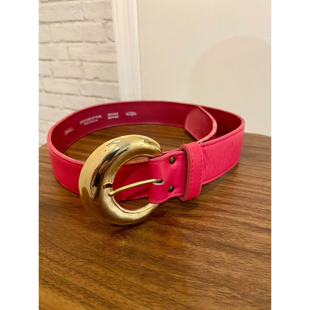 Pearl Vintage Pink 1989 leather Belt Gold Statement Buckle Sz small Made USA